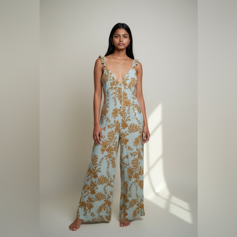 Free People Wide Leg Floral Print Jumpsuit in Blue and Brown